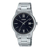 Casio MTP-V002D-1B3UDF men's quartz watch with black dial, Roman numeral markers, date display, and stainless steel bracelet on white background