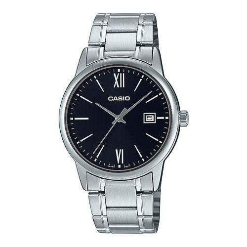 Casio MTP-V002D-1B3UDF men's quartz watch with black dial, Roman numeral markers, date display, and stainless steel bracelet on white background