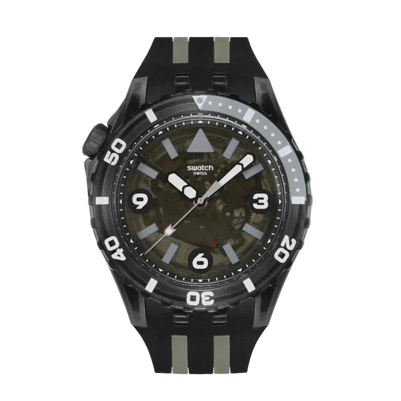 Swatch Scubaqua Black Sea Nettle SSCU09B100 quartz diver's watch with 44mm bioceramic case, camouflage dial, rotating bezel, and black silicone strap