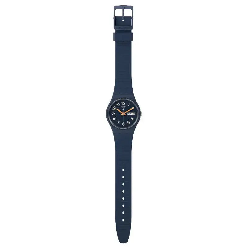 Swatch SO28I700 34mm round plastic case on blue silicone strap