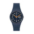 Swatch Trendy Lines At Night with blue textured dial and orange hands