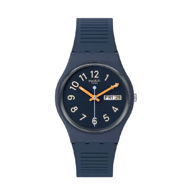 Swatch Trendy Lines At Night with blue textured dial and orange hands