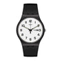 Swatch TWICE AGAIN with white dial, black Arabic numerals and day-date window at 3 o'clock