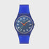 Swatch WAVELENGTHS OF WATER watch with blue striped dial and silicone strap