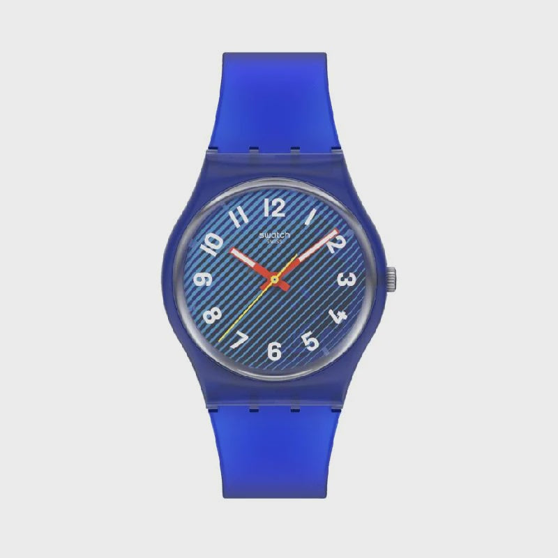 Swatch WAVELENGTHS OF WATER watch with blue striped dial and silicone strap