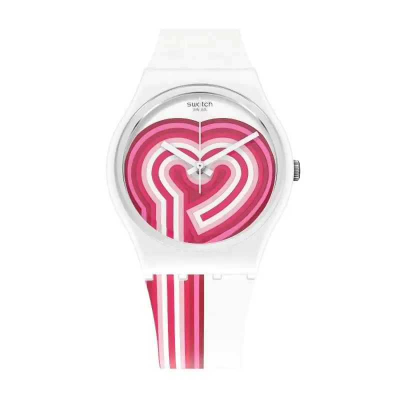 Swatch Beatpink GW214 quartz watch with pink layered heart dial, white polycarbonate case, and white pink striped silicone strap