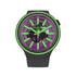 Swatch Big Bold Spectrum Pink Taste SO27B113 quartz watch with 47mm black bioceramic case, purple skeleton dial, neon green hour markers, and green aluminium bezel on black silicone strap
