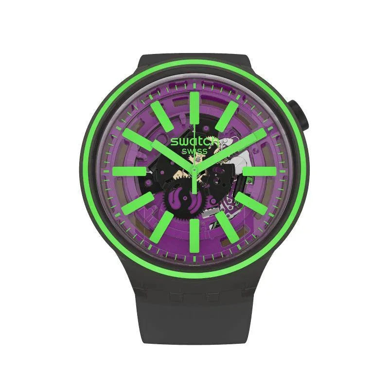 Swatch Big Bold Spectrum Pink Taste SO27B113 quartz watch with 47mm black bioceramic case, purple skeleton dial, neon green hour markers, and green aluminium bezel on black silicone strap
