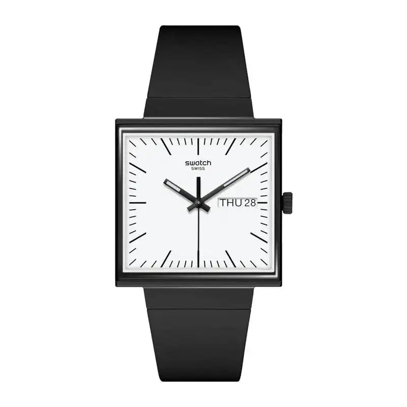 Swatch What If Black SO34B700 square Bioceramic quartz watch with white dial and black silicone strap