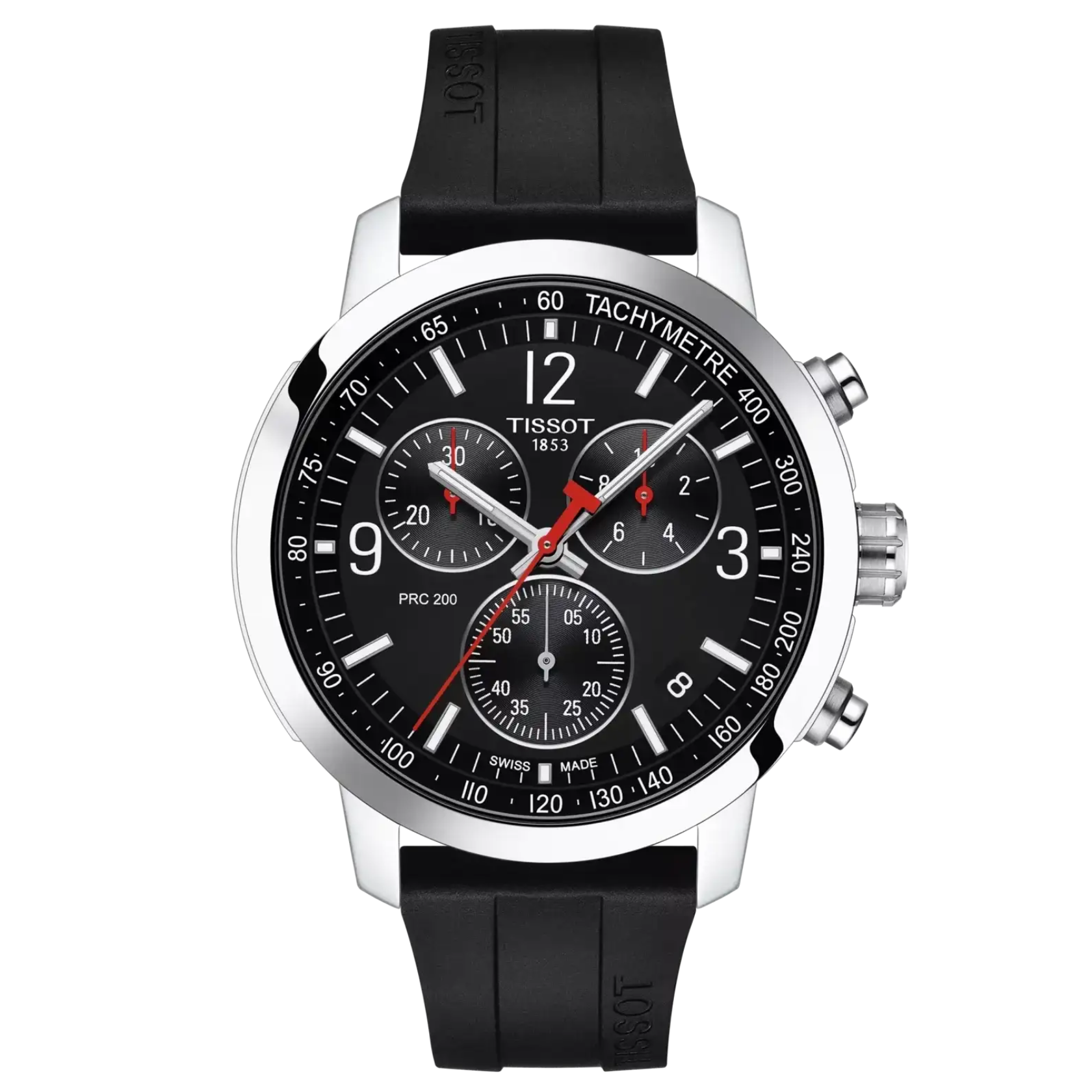 Tissot PRC 200 Chronograph 43mm black dial stainless steel case rubber strap