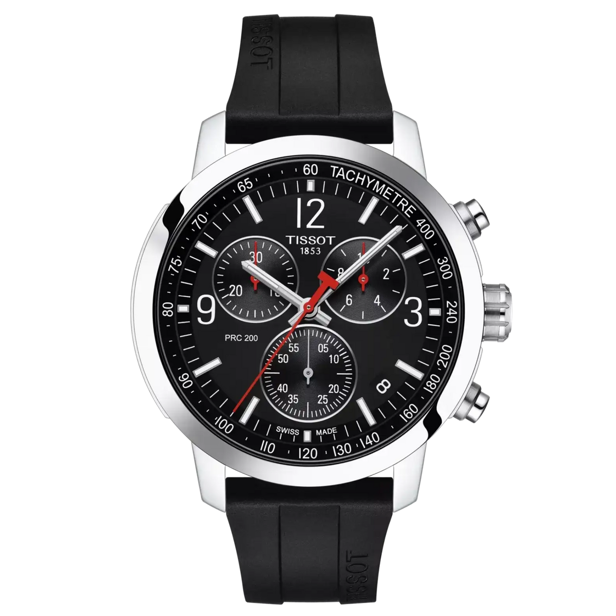 Tissot PRC 200 Chronograph 43mm black dial stainless steel case rubber strap