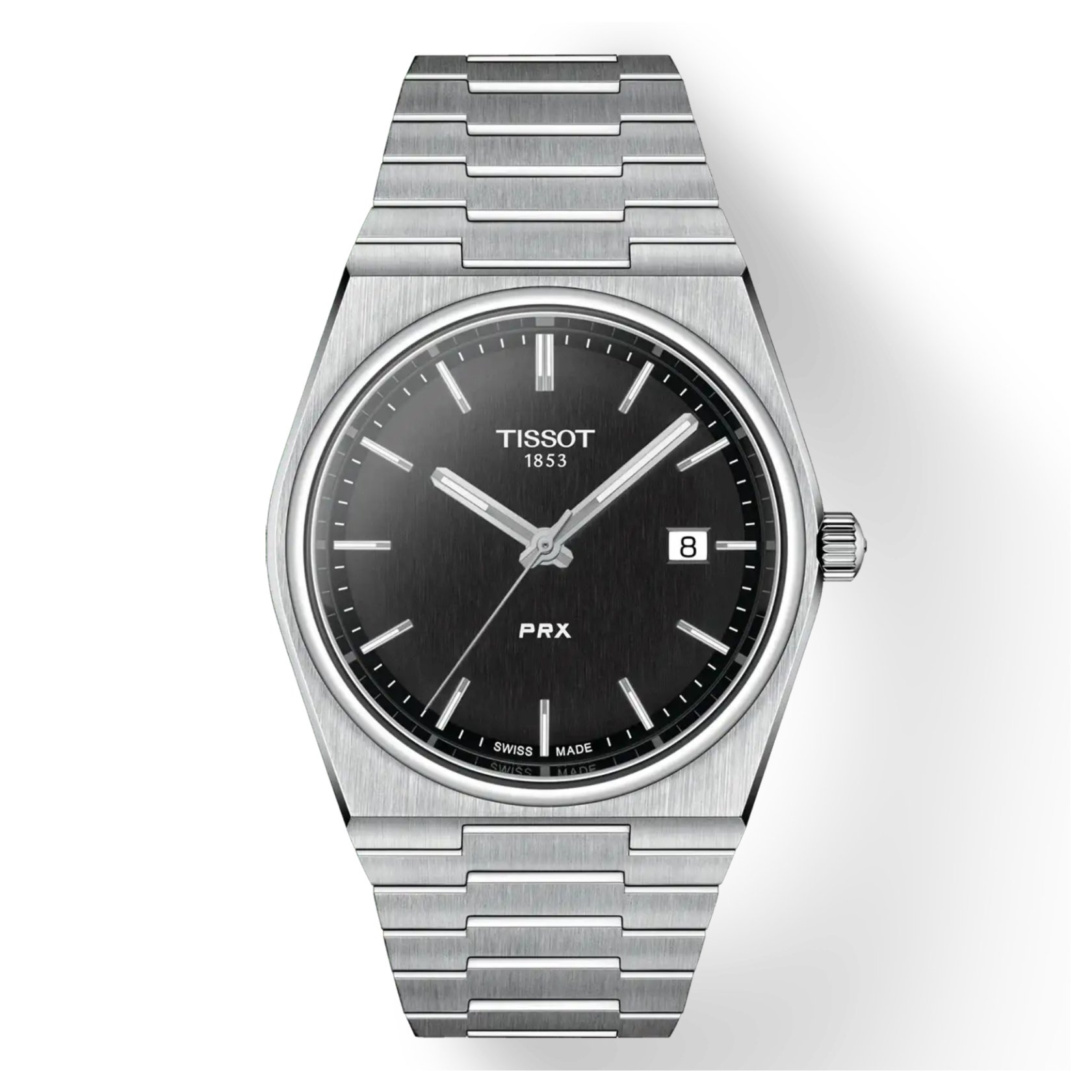 Tissot PRX 40mm black sunburst dial with applied baton indices and date window