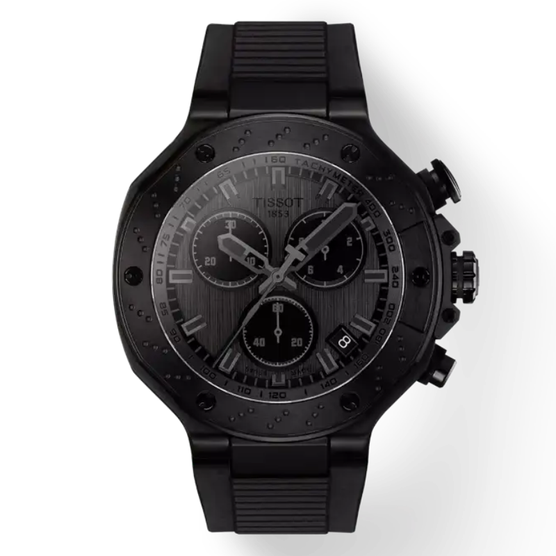 Tissot T-Race Quartz Chronograph Black PVD Coated Steel Watch 45mm Grey Dial Silicone Strap T141.417.37.061.00