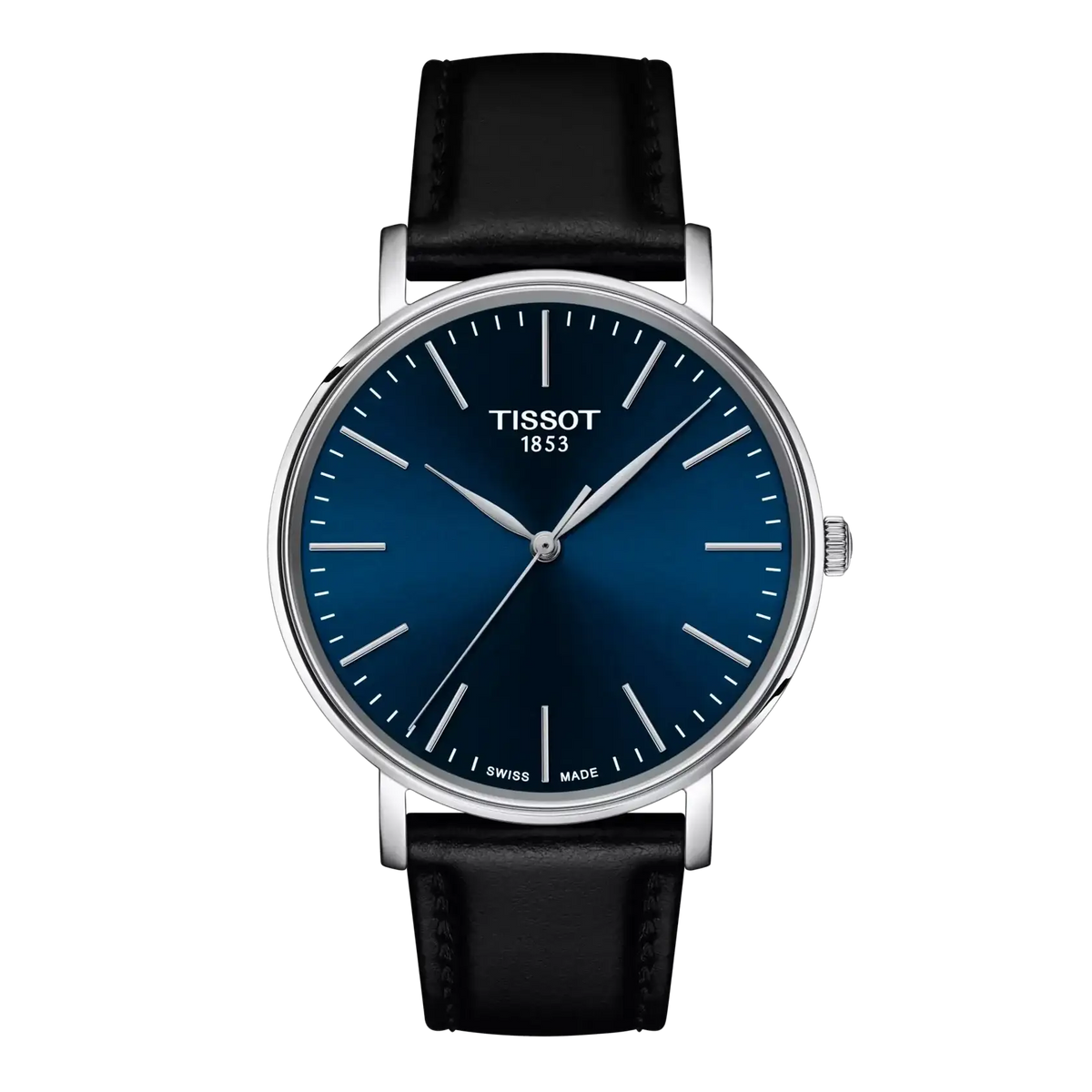 Tissot Everytime T1434101604100 40mm blue dial quartz watch with black leather strap and stainless steel case
