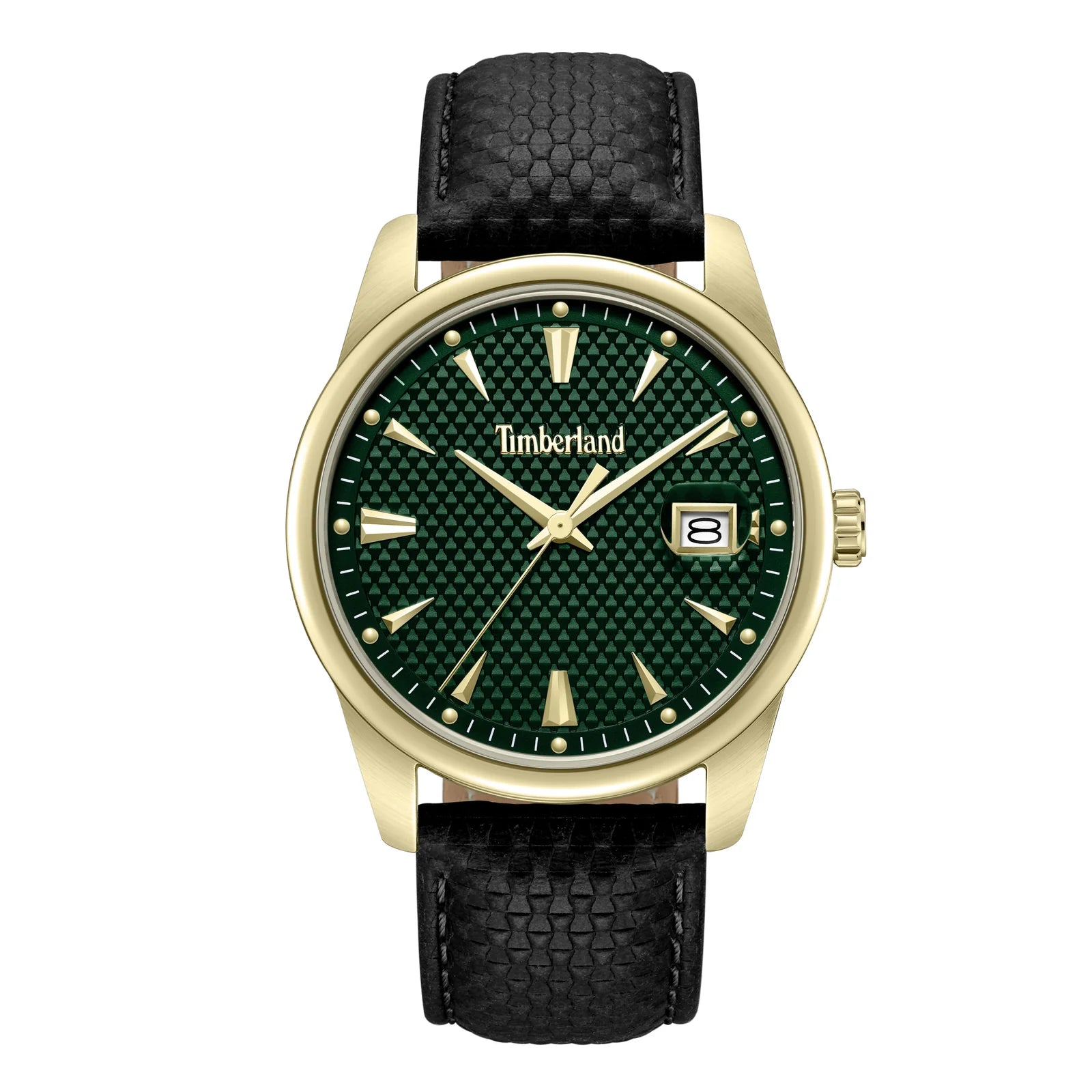 Timberland Jahscepi TDWGB0094603 men's quartz watch with green honeycomb textured dial, gold-tone stainless steel case, and black leather strap