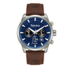 Timberland Henniker II quartz GMT watch with 44mm stainless steel case, blue textured dial, dual-time sub-dials, and brown leather strap