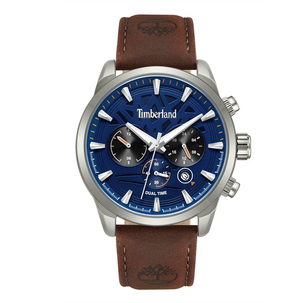Timberland Henniker II quartz GMT watch with 44mm stainless steel case, blue textured dial, dual-time sub-dials, and brown leather strap