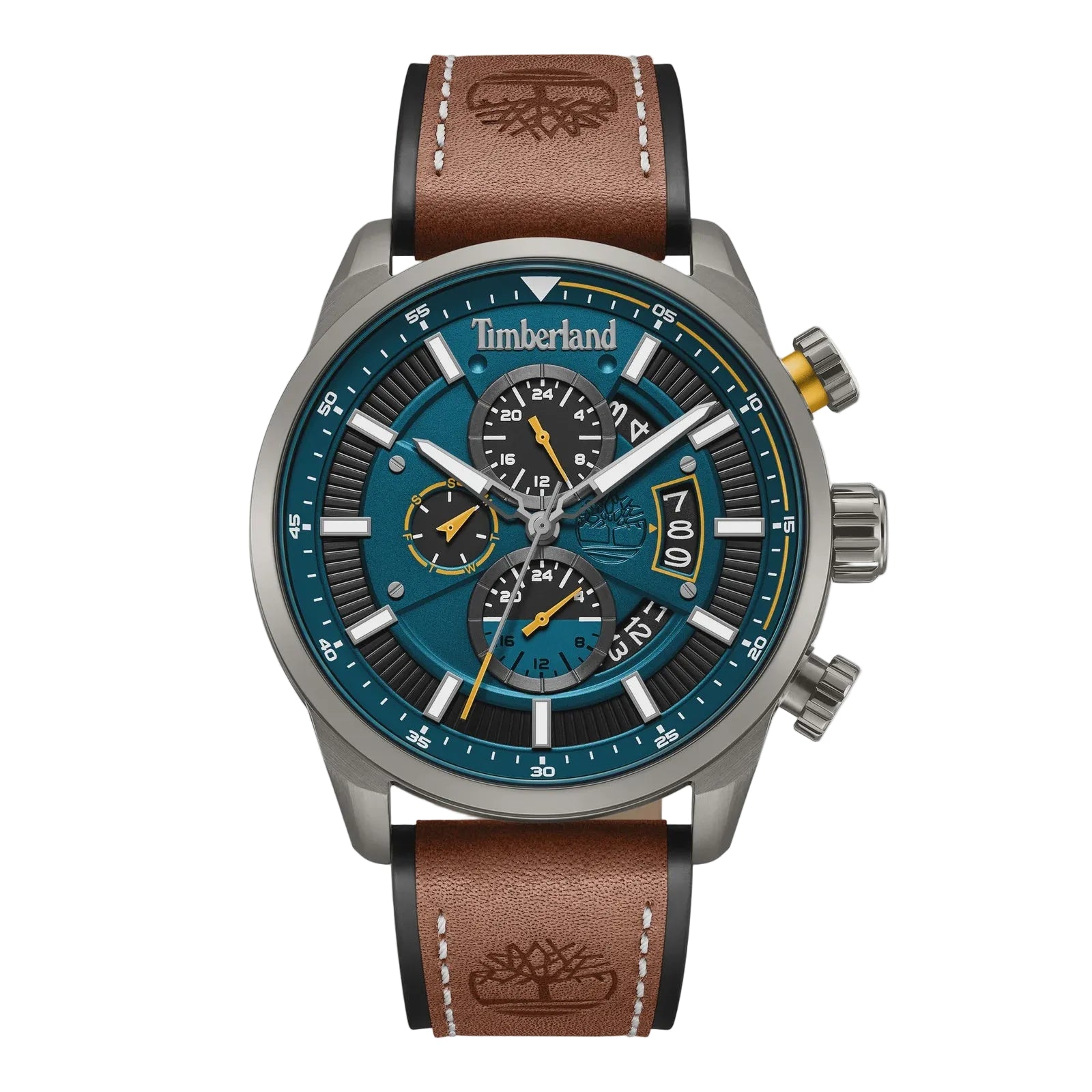 Timberland Calahan chronograph watch with teal-blue dial, steel case and leather strap