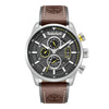 Timberland Calahan TDWGF0095402 46mm stainless steel quartz chronograph watch with grey dial, yellow accents, and brown leather strap