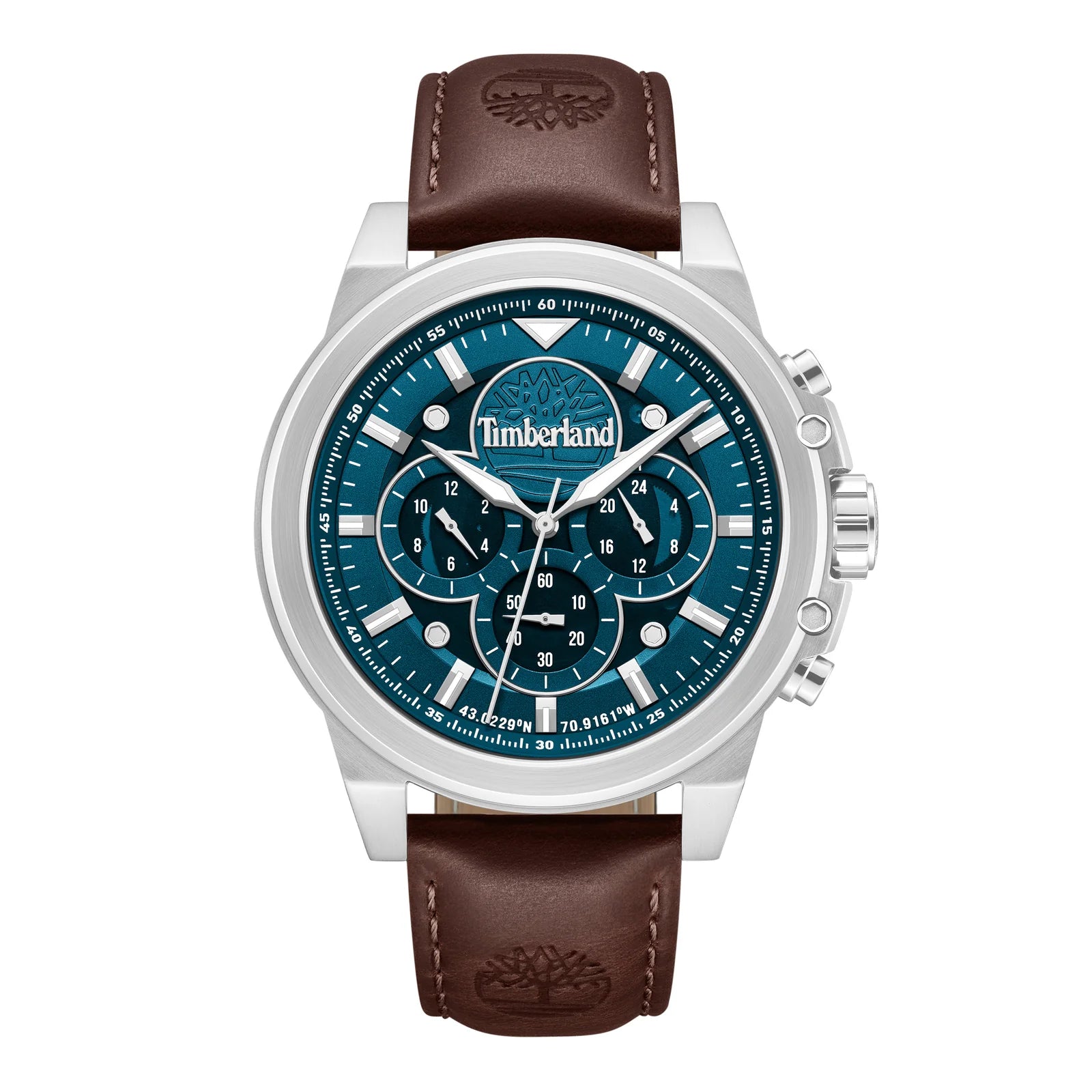Timberland men's chronograph watch with teal blue dial, brown leather strap, and stainless steel case TDWGF0095501
