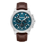 Timberland men's chronograph watch with teal blue dial, brown leather strap, and stainless steel case TDWGF0095501