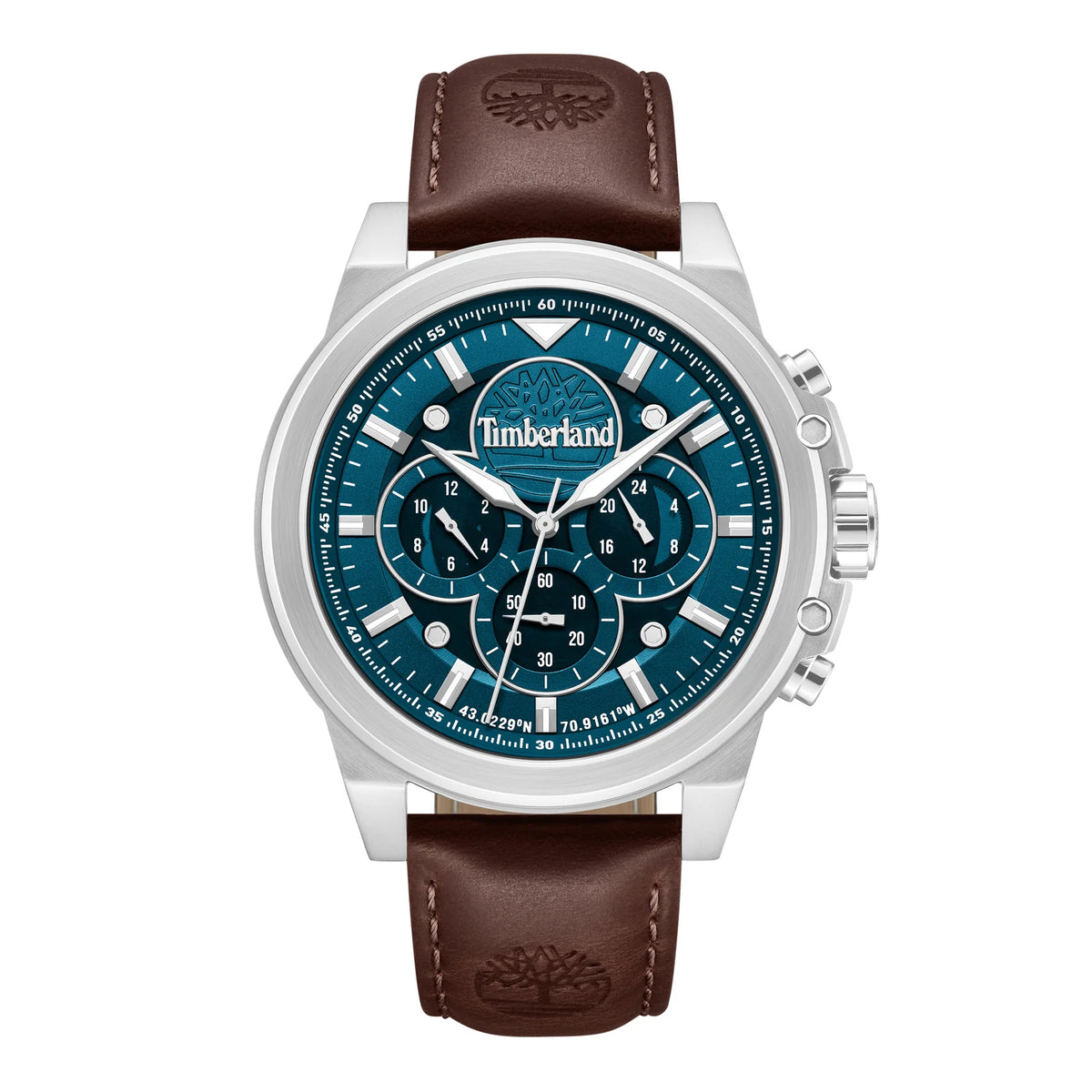 Timberland men's chronograph watch with teal blue dial, brown leather strap, and stainless steel case TDWGF0095501