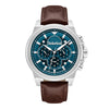Timberland men's chronograph watch with teal blue dial, brown leather strap, and stainless steel case TDWGF0095501