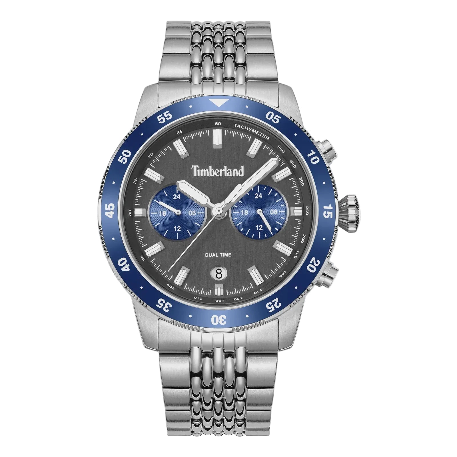 Timberland Parkman 44mm watch with grey sunray dial, blue bezel and steel bracelet