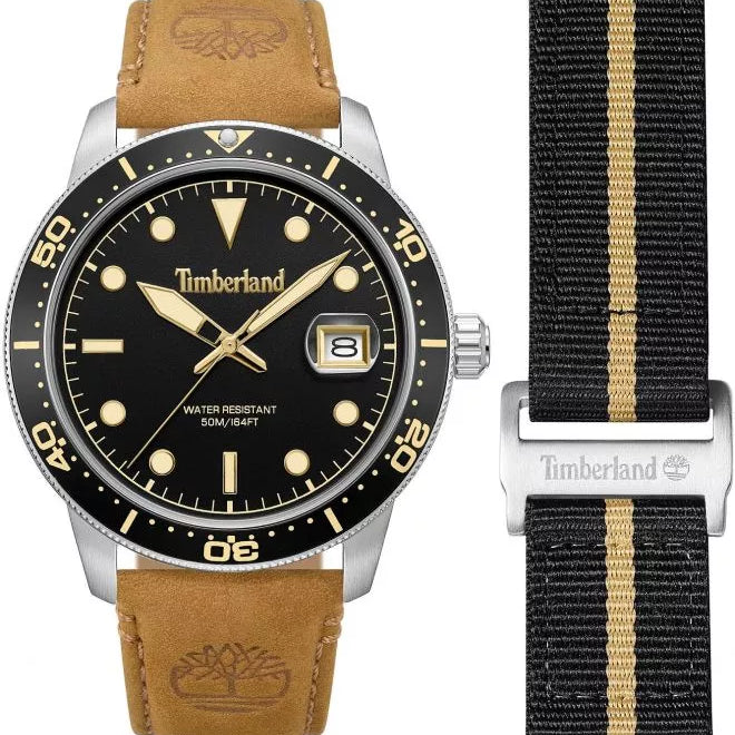 Timberland Peatfield TDWGB00834X0 black dial quartz watch with 44mm stainless steel case, rotating bezel, tan leather strap and black NATO strap