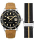 Timberland Peatfield TDWGB00834X0 black dial quartz watch with 44mm stainless steel case, rotating bezel, tan leather strap and black NATO strap