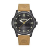 Timberland TDWGA9010801 quartz watch with 44mm black case, textured black dial with tree logo, luminous markers, orange seconds hand, and tan leather strap