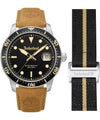 Timberland Peatfield TDWGB00834X0 black dial quartz watch with 44mm stainless steel case, rotating bezel, tan leather strap and black NATO strap