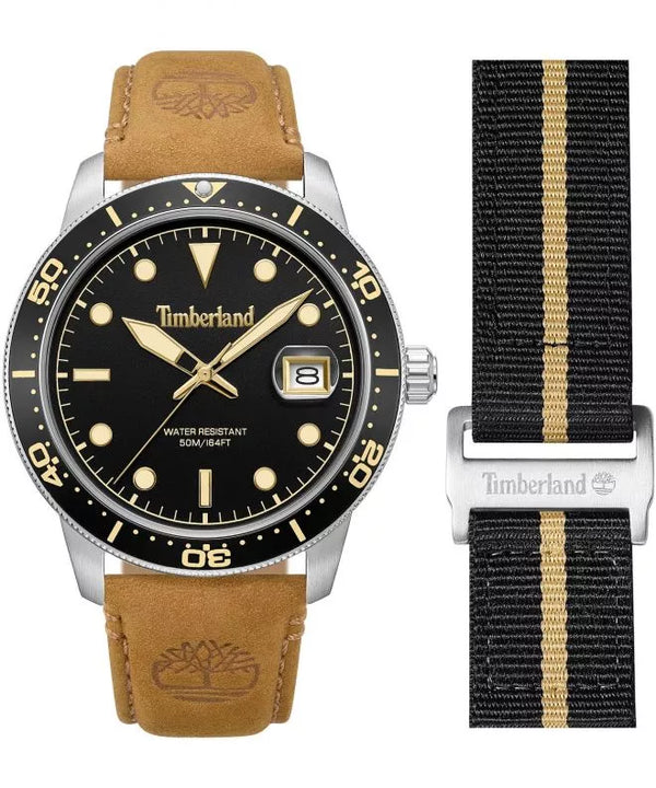 Timberland Peatfield TDWGB00834X0 black dial quartz watch with 44mm stainless steel case, rotating bezel, tan leather strap and black NATO strap