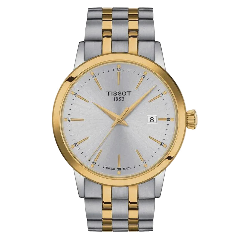 Tissot Classic Dream T129.410.22.031.00 two-tone stainless steel quartz watch with silver sunburst dial and date window