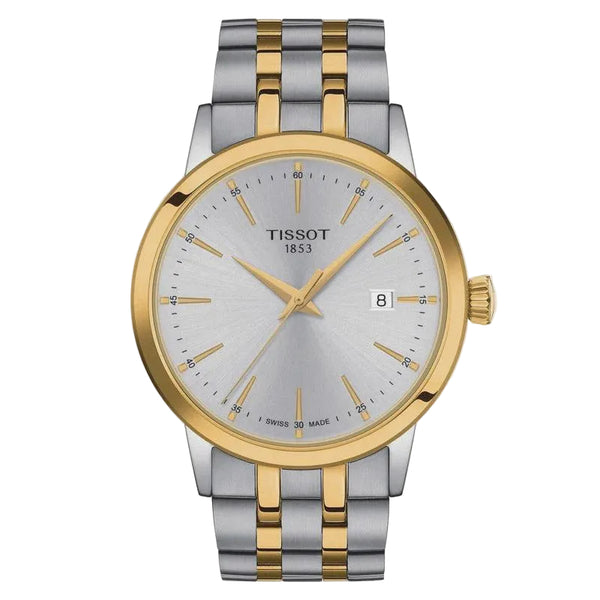 Tissot Classic Dream T129.410.22.031.00 two-tone stainless steel quartz watch with silver sunburst dial and date window