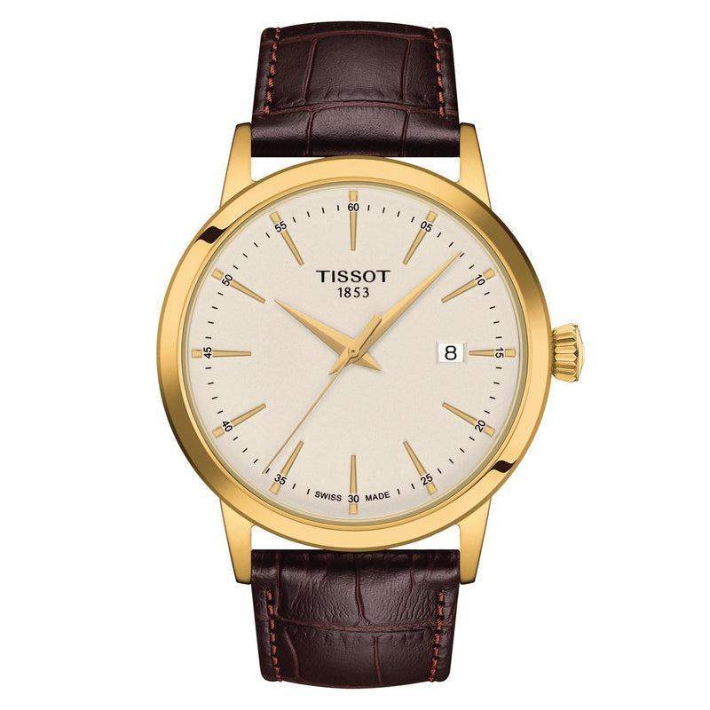 Tissot Classic Dream T129.410.36.261.00 42mm gold PVD stainless steel watch with ivory dial and brown leather strap
