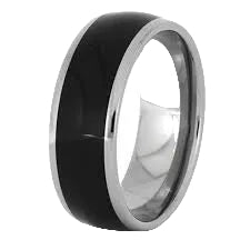 Black tungsten ring with polished silver bevelled edges modern men's band comfort fit design