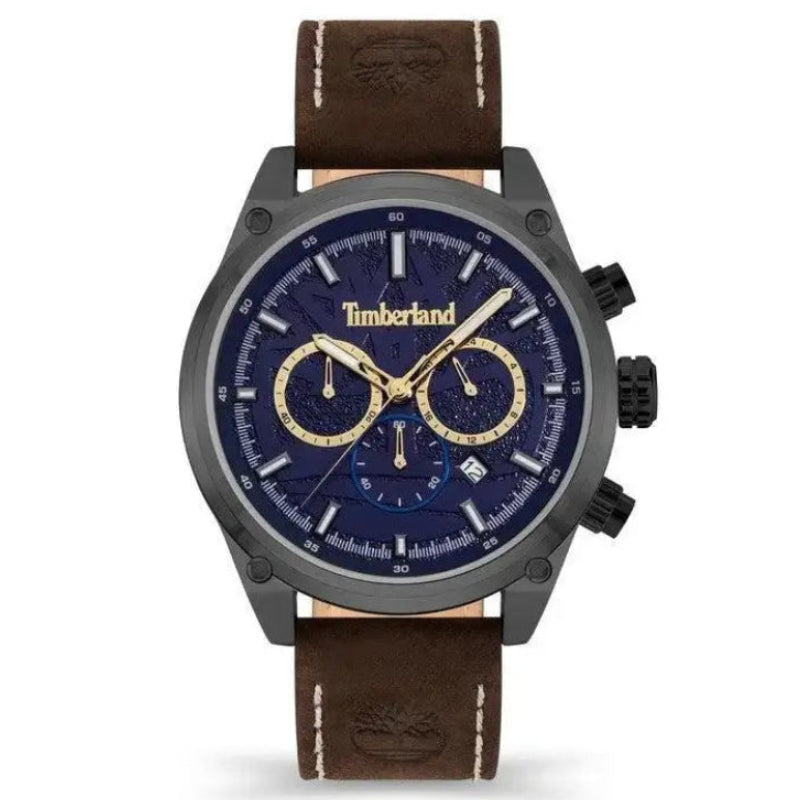 Timberland Cherryfield chronograph with blue sunray dial and leather strap, front view