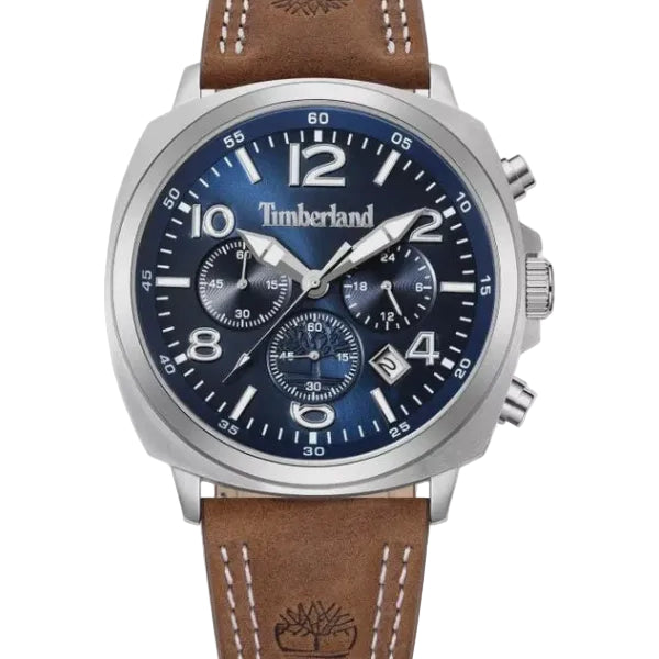 Timberland Denny's Bay chronograph with blue dial, steel cushion case and leather strap