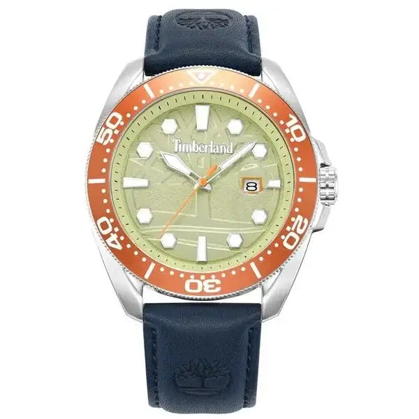 Timberland Carrigan watch front view showing green textured dial and orange bezel