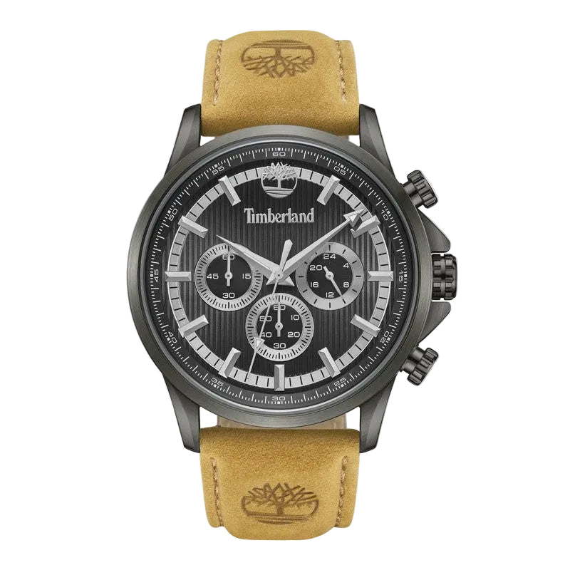 Timberland Bernardston chronograph with black dial, three sub-dials, steel case and leather strap