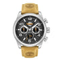 Timberland Henniker II TDWGF0028707 quartz multi-function watch with 46mm stainless steel case, textured black dial, and tan leather strap