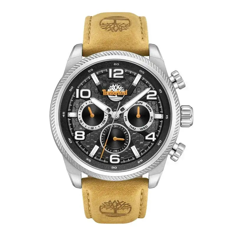 Timberland Henniker II TDWGF0028707 quartz multi-function watch with 46mm stainless steel case, textured black dial, and tan leather strap