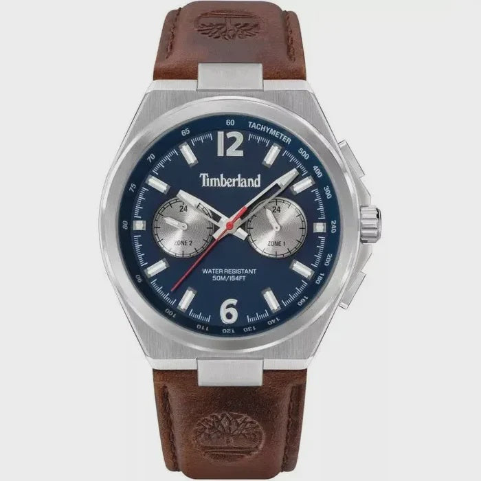 Timberland Jonesboro watch with blue dial, dual time sub-dials and leather strap