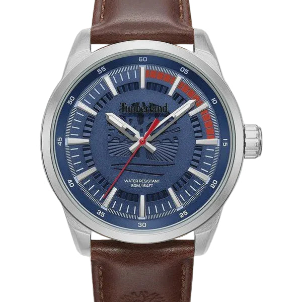 Timberland Lanigan watch front view showing blue sunburst dial and orange hand