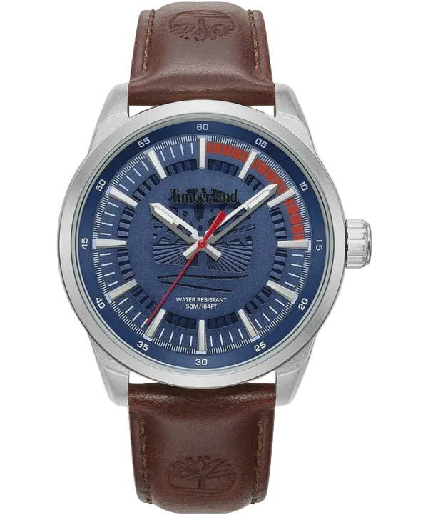 Timberland Lanigan TDWGA0083202 quartz watch with blue textured dial, 44mm stainless steel case, and brown leather strap with embossed tree logo
