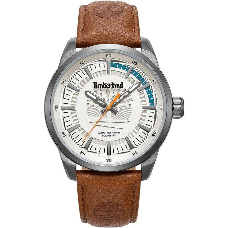 Timberland Lanigan watch front view showing white textured dial and orange seconds hand