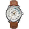 Timberland Lanigan 44mm quartz watch with white textured dial, blue arc accent, orange seconds hand and brown leather strap