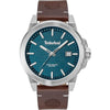 Timberland Mohegan TDWGB0083001 men's quartz watch with blue textured dial, 46mm stainless steel case, and brown leather strap