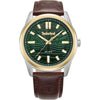 Timberland Northbridge TDWGB0041206 quartz watch with embossed green dial, two-tone stainless steel case, gold bezel, and brown leather strap